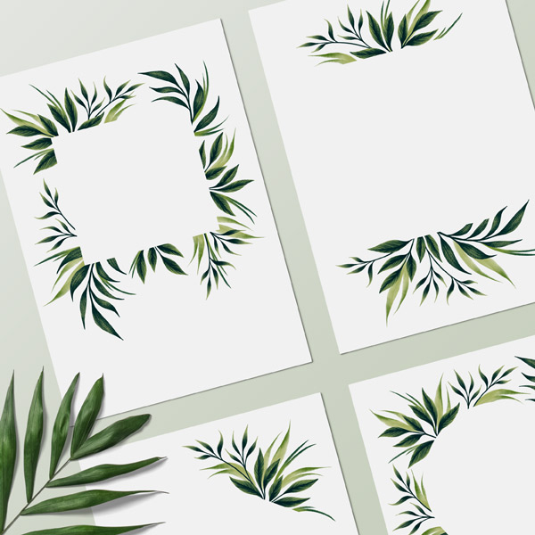 Pre-made wedding invitation page layouts with green foliage frames by Andrea Muller